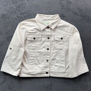 Dream Out Loud Selena Gomez White Denim Trucker Jacket Cropped Roll Tab Sleeve L